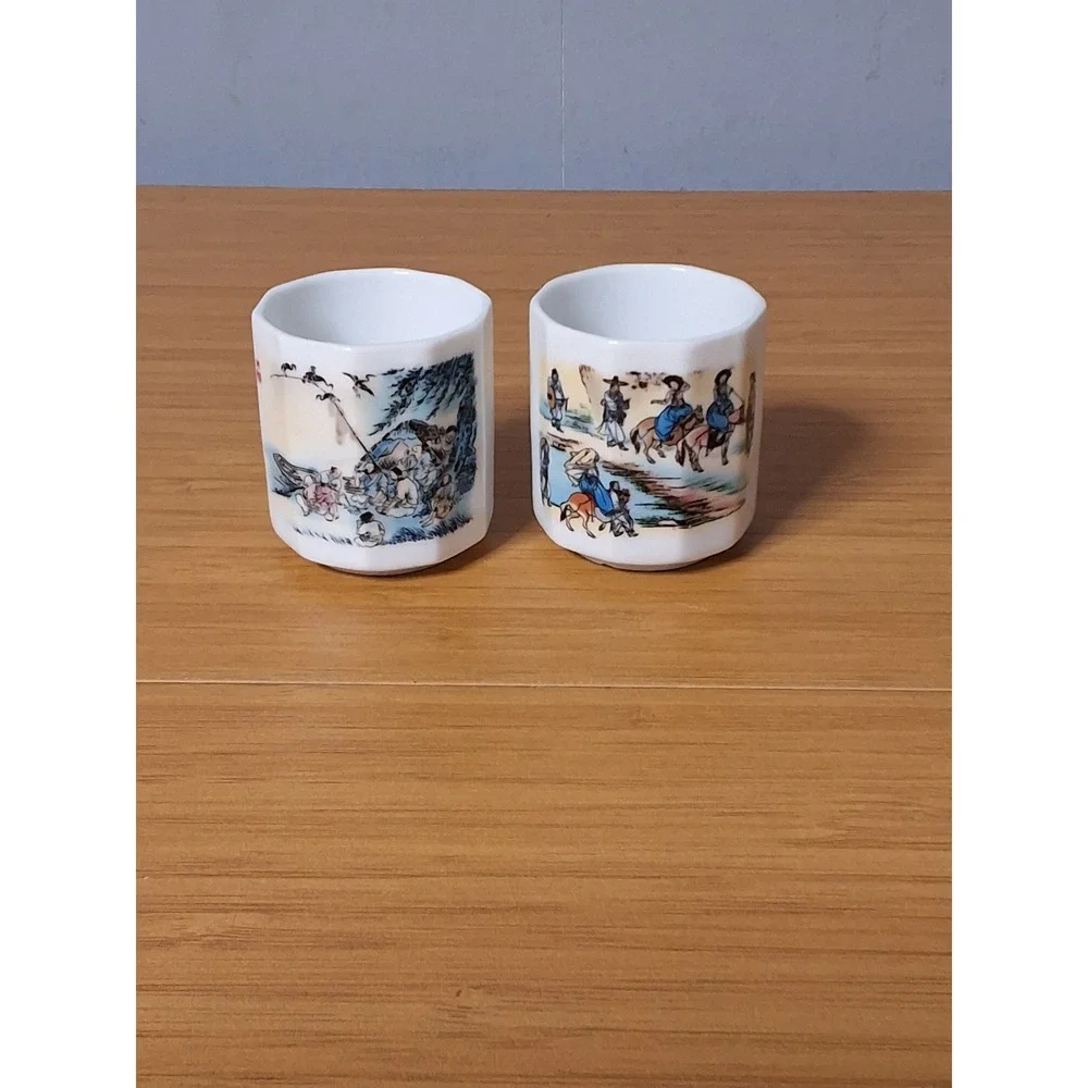 Vintage Korean Ceramic Sake Cups Set of 5 Faceted Porcelain Traditional Scenes